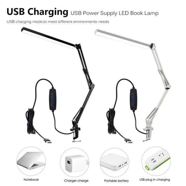 LED Folding Metal Desk Lamp Clip on Light Clamp Long Arm Diming Table Lamp 3 Colors Adjustable For Living Room Reading Computers 3