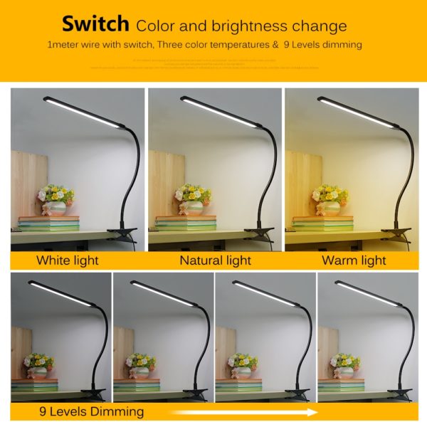 LED Desk Lamp Eye-protected USB Table Lamp Clip On Light with Switch 9-Levels Brighness & 3-Levels Colors For Reading Working 5