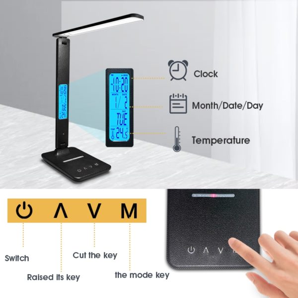 LAOPAO 10W QI Wireless Charging LED Desk Lamp With Calendar Temperature Alarm Clock Eye Protect Study Business Light Table Lamp 5