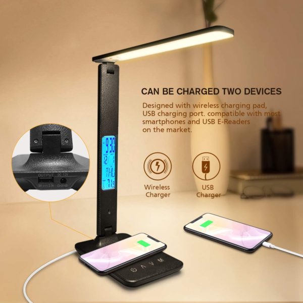 LAOPAO 10W QI Wireless Charging LED Desk Lamp With Calendar Temperature Alarm Clock Eye Protect Study Business Light Table Lamp 2