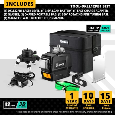 DEKO DC Series 12 Lines 3D Green Laser Level Horizontal And Vertical Cross Lines With Auto Self-Leveling, Indoors and Outdoors